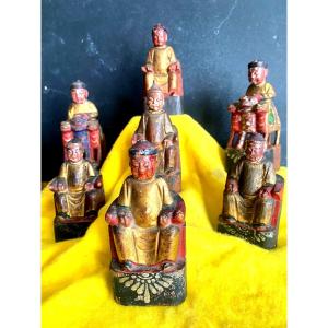 Rare Et Bel Ensemble De Sages Et Cavaliers , 7 Pièces Bois Sculpté d'Un Autel Chinois Du XIXème