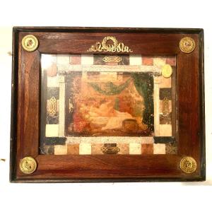 Wash Painting In The "pompeian" Taste, Frame In A Marquetry And Marble Mosaic 19th Century