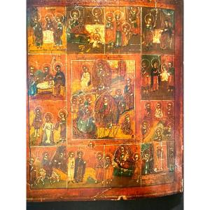 Rare And Fine 18th Century Greek Icon Captioned And Argued With Multiple Scenes, Barretted