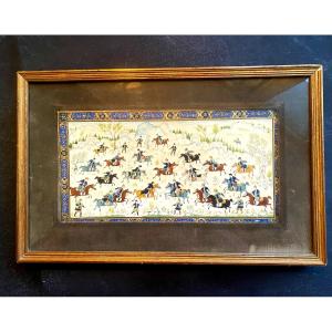 Beautiful 19th Century Persian Miniature Very Well Presented The "cavaliers' Parade" / Illuminated Paper