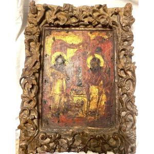 Presented In Mass And Carved With Baroque Ornaments Very Rare Greek Orthodox Icon From The 16th Century.