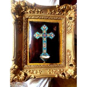 Very Beautiful Cross And Holy Water Font In Cloisonné Bronze Enamel On Enamel In Tortoise Shell Style 19th Century