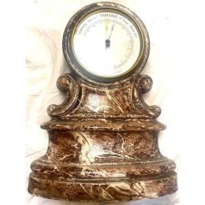 Rare Beautiful Aneroid Barometer Table Terminal In Enameled Cast Iron Faux Marble Violine, Napoleon III