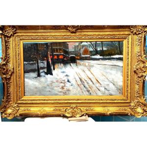 Impressionist Painting From The End Of The 19th Century, City Street Under The Snow At Dusk Hsp