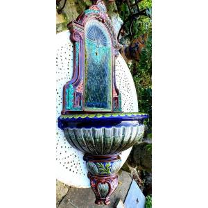 Very Important Wall Fountain Enamelled Earthenware From Sarguemines 19th Richly Polychromed N.3