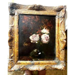 Still Life With Roses In A Vase By "garcia Malo," Well Framed Oil/wood From The 1930s