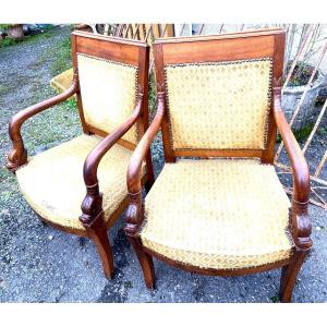 Pair Of Elegant Cherrywood Dolphin Head Armchairs, Early 19th Century, Nicely Sized Sabre Legs