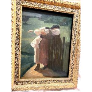 Pont-aven School, End Of The 19th Century Oil On Canvas The Peasant Embrace At La Barrière