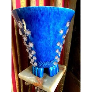 Rare And Beautiful Beam Lamp In Bright Blue Earthenware With Blown Flower Beds From The 50s.