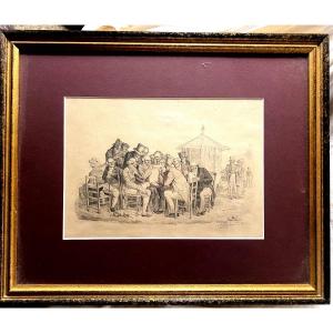 Rare Drawing In Lead Pencil "les Gazetiers" Signed By Julien-léopold Boilly  Col.