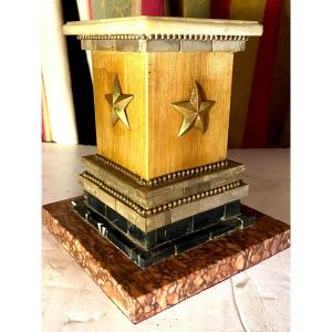 Ornamental Desk Pedestal Base In Various Marbles Beaded Netting & Bronze Star 19th