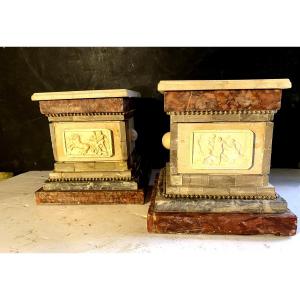 Beautiful Pair Of Pedestal Bases In Various Marbles With Square Section And High Relief Sides