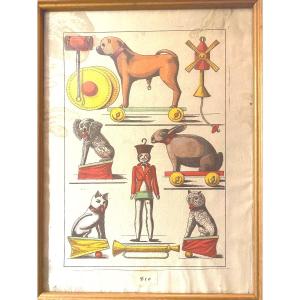 Rare Framed Advertisement "old Toys" Engraved And Hand Colored On Vellum Paper, Late 18th Century