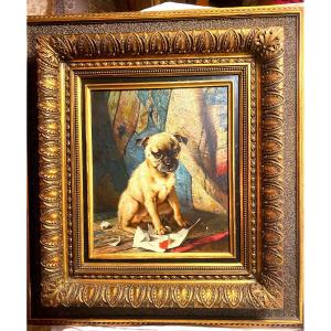 Living Portrait Of Baby Pug, Oil On Wood From 1880 By Artist "mina Hoegel" Well Framed