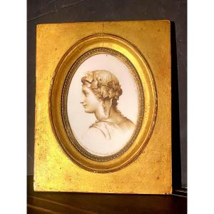 Beau Portrait De Bacchus "néo-classique " Ovale Sur Plaque De Porcelaine Encadrée Vers 1810