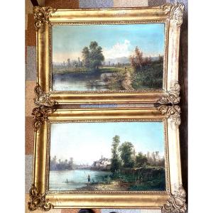 Very Beautiful Pair Of Lively Countryside Landscapes With River 19th Framed Signed E. Godchaux Ht