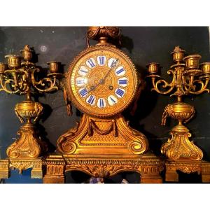 Exceptional Large Louis XIV Style Gilt Bronze Mantel Clock And Candelabra.