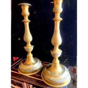 Pair Of Very Large Candlesticks 1st Empire Bronze Guilloché Chiseled Baluster Shape Early 19th Century