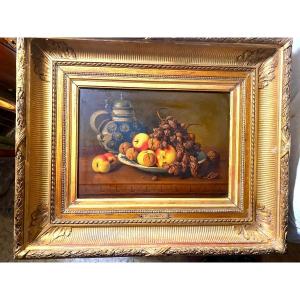 Still Life With Fruit And Stoneware Pitcher Signed J. Caron Delicate Oil On Wood Framed 19th