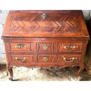 Cossus Rustic Louis XV Sloping Desk In Cherry Wood With Richly Carved Parquet Flooring 18th Century