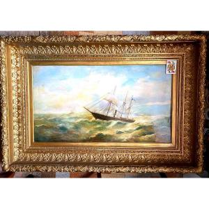 Very Large Framed Oil On Wood: "mixed Vessel In The Storm Reducing Its Sails" 19th