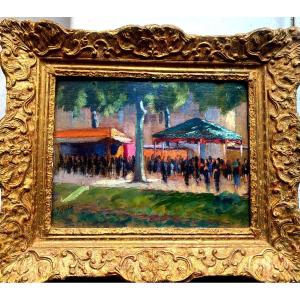 Framed Impressionist Painting 19th Century "the Great Funfair On The Shaded Grand Place"