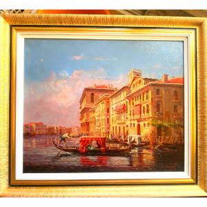 Large Canvas: "view Of The Grand Canal In Venice" Oil On Canvas Framed From The 19th, Signed Rg Denair