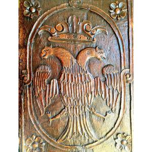 Renaissance Furniture Panel In Patinated Walnut With: Crowned "double-headed Eagle" Framed With Flowers