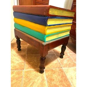 Rare Library Stool With Concealed Trap Door: Three Faux Books Laid Flat, Mahogany Base