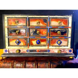 Rare Fine Stone Jewelry Cabinet With Drawers, Renaissance Style, Fully Marquetry On 4 Sides.