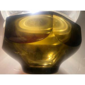 Large Thick Octagonal Sided Daum Nancy Crystal Cup In Smoked Amber Color Circa 50