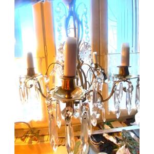 Charming Small Chandelier, Gilt Bronze Five Branches Cut Crystals 19th White Opaline Candles