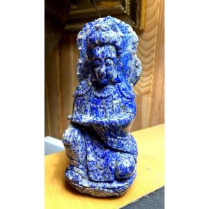 Statuette De Boudha  Assis Méditant 19ème Indien En Lapis Lazuli A La Corolle De Brillants