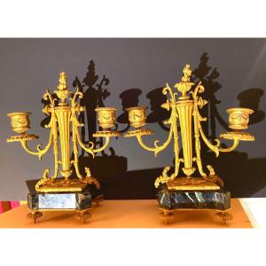 Pair Of Double Candlesticks In Mercury Gilt Bronze, Marble Base, Louis XVI Style, Early 19th Century