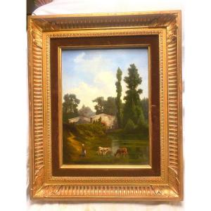 "landscape Of The Animated Countryside Of The Farmer's Wife At The Lake" Oil On Panel 19th Well Framed