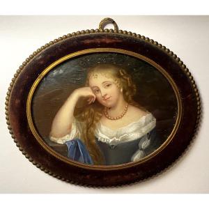 Rare Grande Miniature Ovale  19ème Sur Ivoire Renforcé :"portrait De Jeune Femme" Napoléon III.