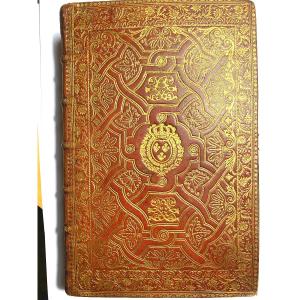 Rare Large In8 Binding, 18th Century, Red Morocco Brass Band Covers With The Arms Of Louis XV