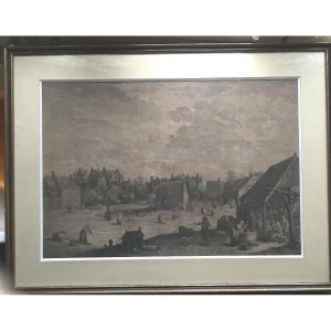 Very Large, And Well Framed Engraving Of A Lively Flamman Village Square View, 17th Century