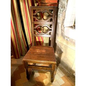 Stained Oak Chair With High Back, Openwork, Movement, Spacer, Front Legs, Columns