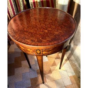 Small Bouillotte Table, Rich Marquetry Decor In Violet Wood, 19th Century, Louis XVI Style, 19th Century