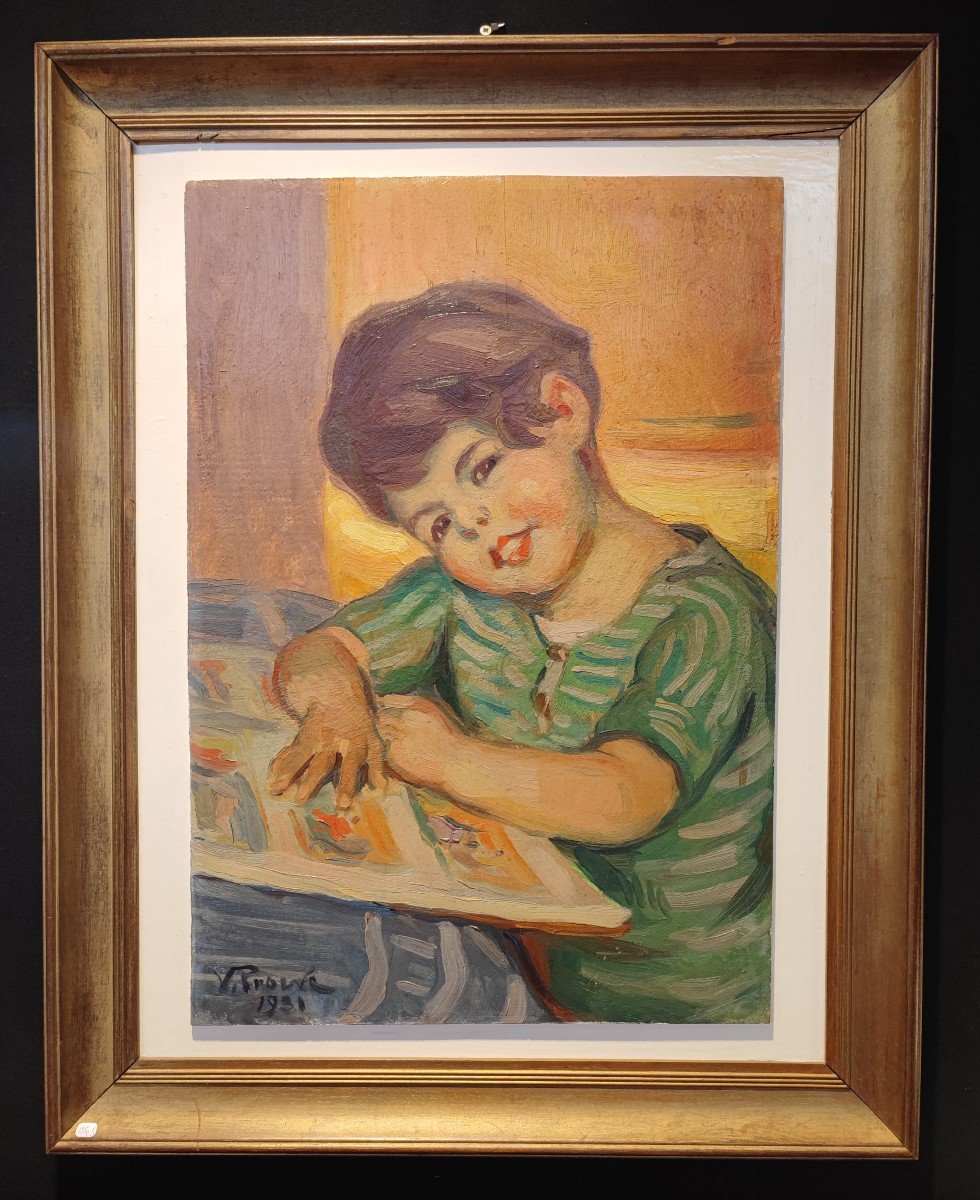 Victor Prouvé - Tableau HST Enfant devant sa bande dessinée-photo-2