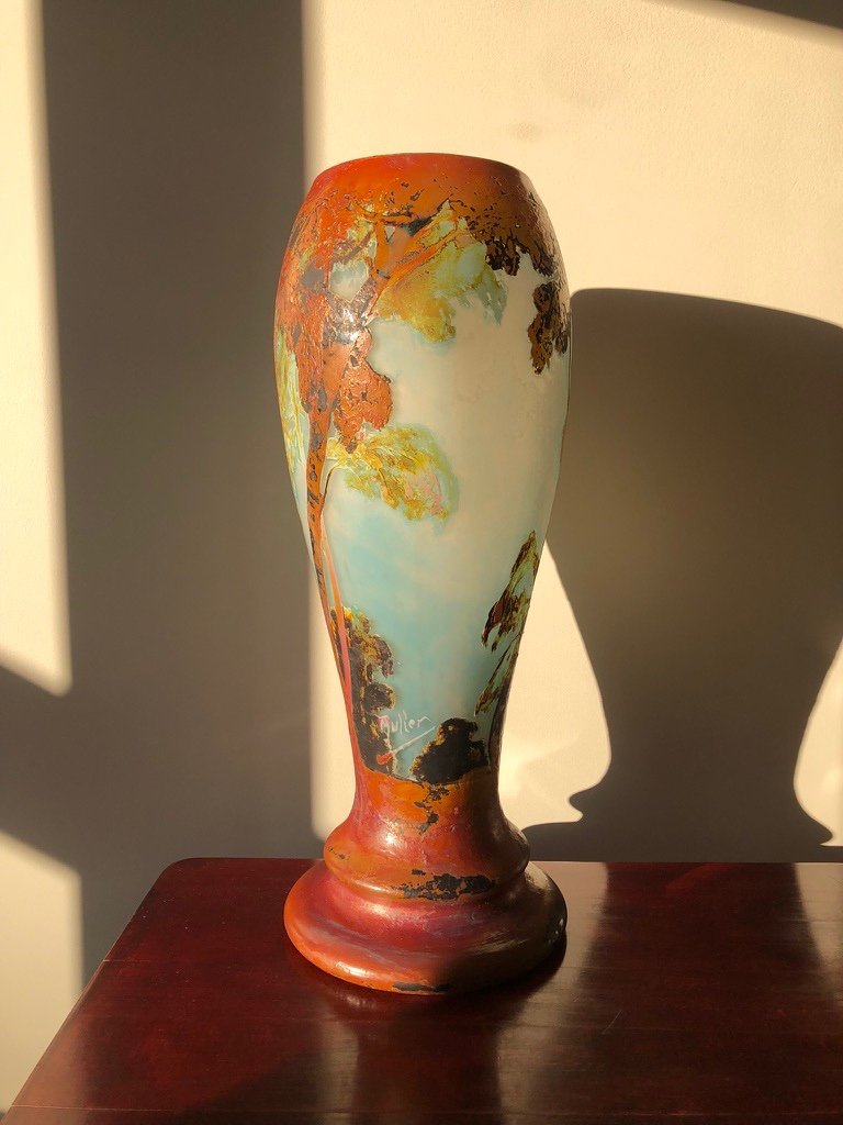 Rare Vase Muller utilisant la technique de la fluogravure à décor de bouleaux -photo-2