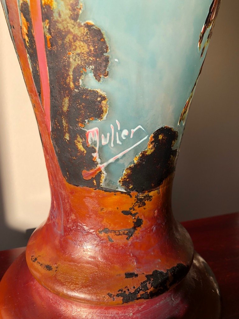 Rare Vase Muller utilisant la technique de la fluogravure à décor de bouleaux -photo-3