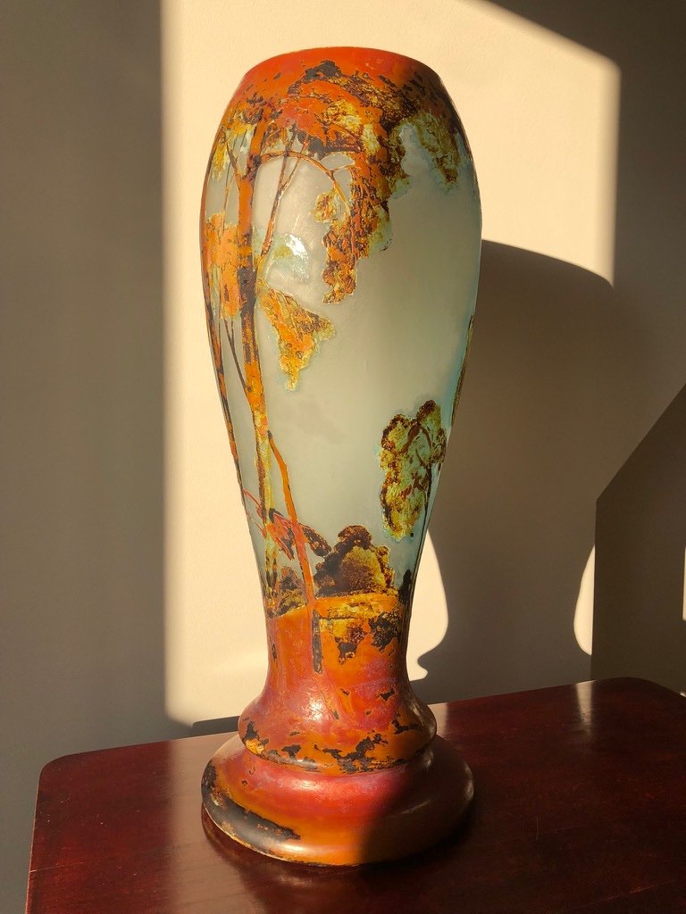 Rare Vase Muller utilisant la technique de la fluogravure à décor de bouleaux -photo-4