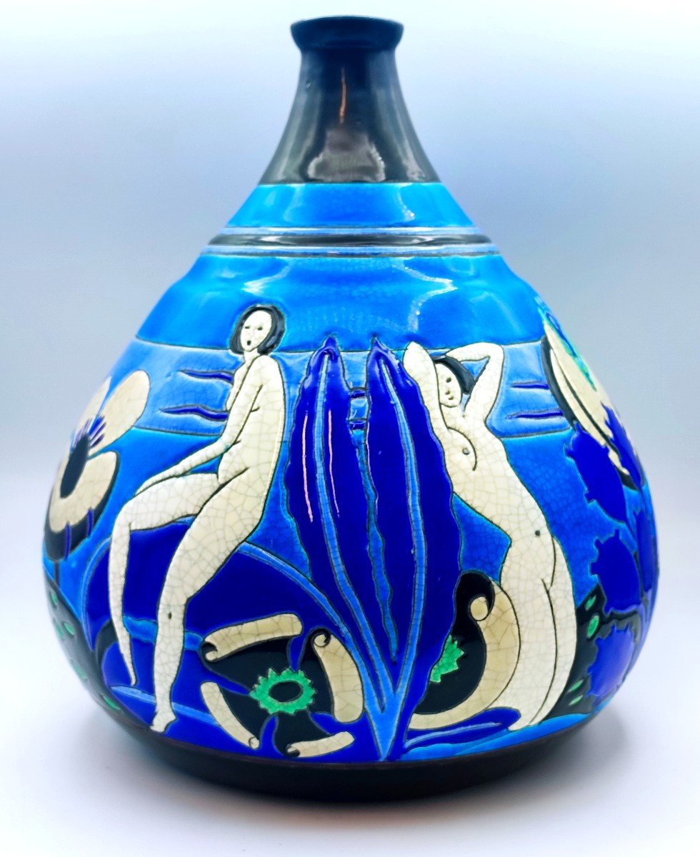 Longwy Primavera Vase Art Déco En Céramique Polychrome "les Baigneuses"