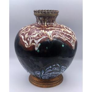 Felix Gete - Large Ovoid Ceramic Vase Mounted On Bronze