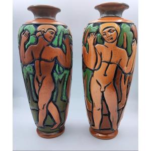 Gaston Goor Pour Mougin à Nancy - Paire De Vase Art Déco La Farandole des hommes