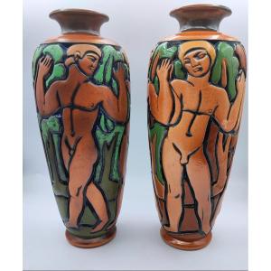 Gaston Goor For Mougin In Nancy - Pair Of Art Deco Vases La Farandole Des Hommes