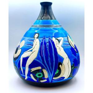 Longwy Primavera Art Deco Polychrome Ceramic Vase "the Bathers"