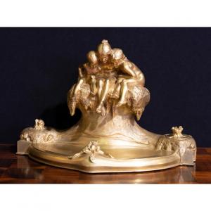 Max Blondat - Large Inkwell Empty Pocket In Gilt Bronze - La Fontaine Jeunesse